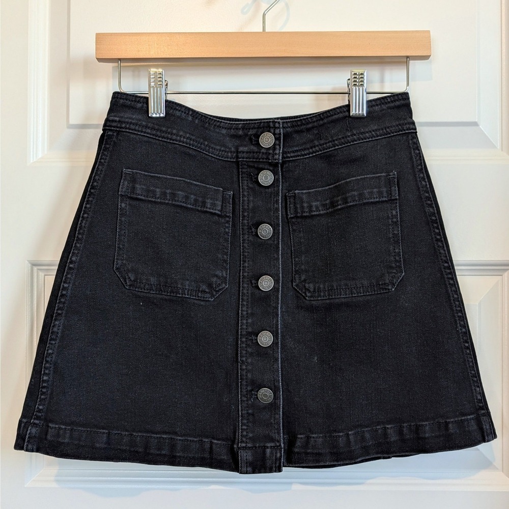 Madewell Button Front Black Cotton Denim Mini Skirt 00